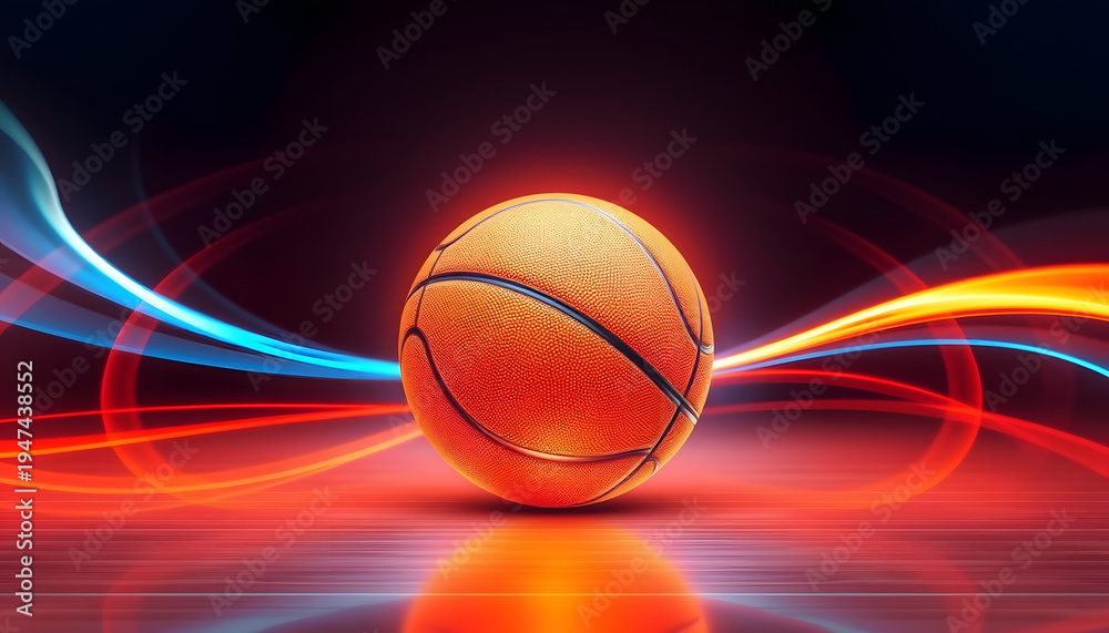 Obraz premium Dynamic Basketball on a Reflective Court Bathed in Vibrant Neon Lights and Energetic Streaks, Symbolizing Fast-Paced Sports Action and Intense Competition