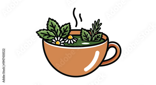 Refreshing hot herbal tea with natural ingredients like chamomile flowers and mint leaves vector illustration.