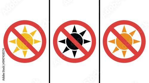 Three no sun prohibition symbols for sun protection warning