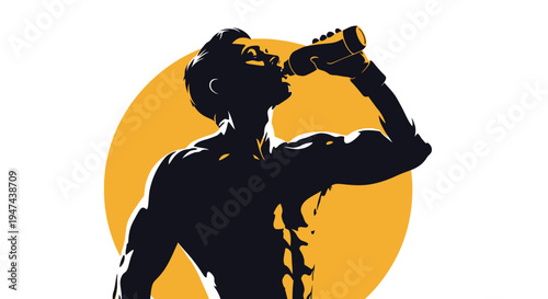 Vector graphic illustration of a muscular man drinking from a bottle during a workout recovery session
