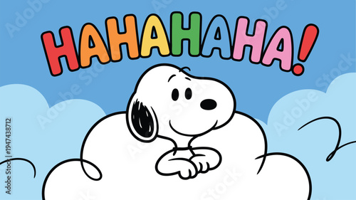 White cartoon dog happily laughing on a fluffy cloud with colorful HAHAHAHA text