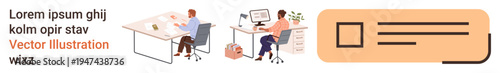 Remote work, project planning, online collaboration, professional teamwork, office design, and productivity. Two people working at desks with laptops and tools. Remote work and project planning