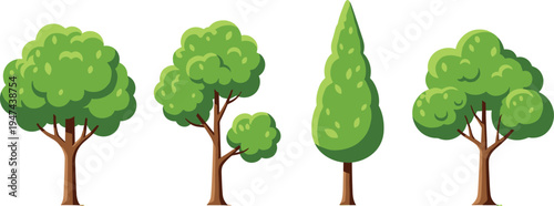 Set of green cartoon tree icons, diverse summer forest plant collection, organic nature elements, garden vegetation vector illustration on white background (20 words)