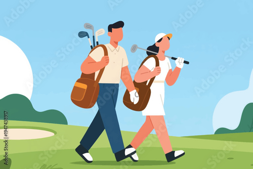 Two golfers walking on green course carrying golf bags with clubs, one in beige shirt and blue pants, the other in white outfit with cap, stylized vector illustration.