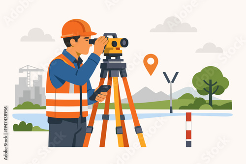 Professional Land Surveyor Engineer in Orange Hard Hat and Safety Vest Using Theodolite Total Station on Tripod for Geodetic Measurement at Construction Site, Civil Engineering Flat Vector Art