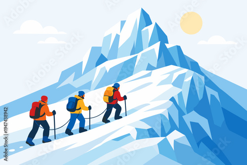 Team of mountaineers roped together ascending a steep snowy mountain peak. Flat vector illustration of climbers with backpacks and trekking poles hiking up an icy glacier towards the summit.