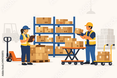 Professional warehouse workers in safety gear checking inventory and sorting cardboard boxes on shelves. Flat vector illustration of logistics team managing stock with pallet jack and cart.