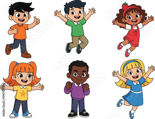 Set of happy diverse cartoon children jumping and cheering, multi-ethnic kids characters collection in flat vector style on white background