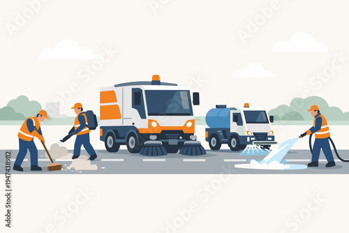 Municipal Road Cleaning Service Vector Illustration with Workers in Safety Vests, Street Sweeper Truck, Water Tanker, and Laborers Sweeping and Washing Urban Asphalt Street for City Sanitation.