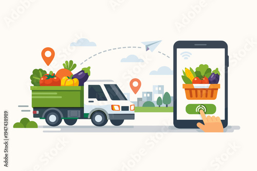 Flat vector illustration of a truck delivering fresh organic vegetables ordered via a smartphone app. Features a grocery basket on screen, location pins, and a city background for logistics.