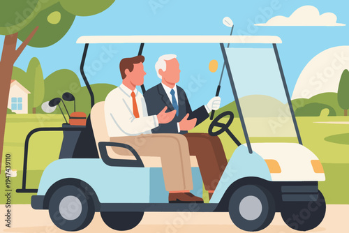 Adobe Illustrator ArtTwo men in golf cart on course, one in white shirt with orange tie, the other in dark suit with red tie, conversing with golf clubs in back, modern vector illustration.work