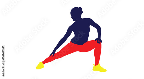 Stylized vector graphic illustration of a woman stretching during a workout, promoting fitness and an active lifestyle.