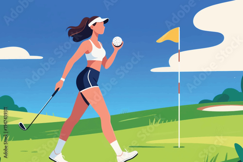 Female golfer in visor, crop top and navy shorts walking confidently with club and ball toward hole with flag, stylized vector illustration of sport and leisure.