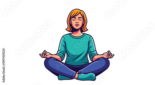 Woman with closed eyes sits in lotus position practicing peaceful meditation and mindfulness exercise
