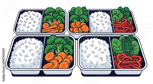 Four organized vector meal prep containers filled with white rice and fresh colorful assorted vegetables