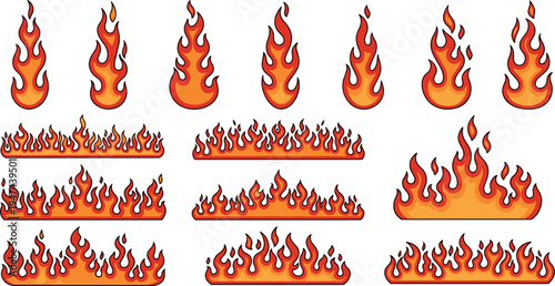 Vector set of fire flame icons, orange burning campfire elements, hot heat sparks and tribal bonfire borders for graphic design (20 words)