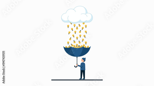 Person catching ideas raining from a cloud with an umbrella