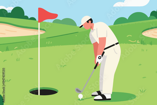 Golfer in white outfit preparing to putt ball into hole with red flag on green course, stylized vector illustration of precision and concentration in golf.