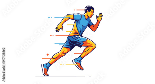 Dynamic vector graphic illustration of a male runner sprinting forward with speed lines, representing athleticism and swift progress.