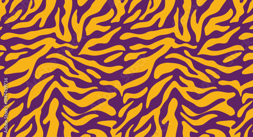 Seamless abstract tiger stripe pattern design with yellow and purple organic shapes creating a wild animalistic texture