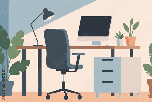 Modern home office with wooden desk, computer monitor, ergonomic chair, drawer unit and potted plants, cozy vector illustration of organized workspace.
