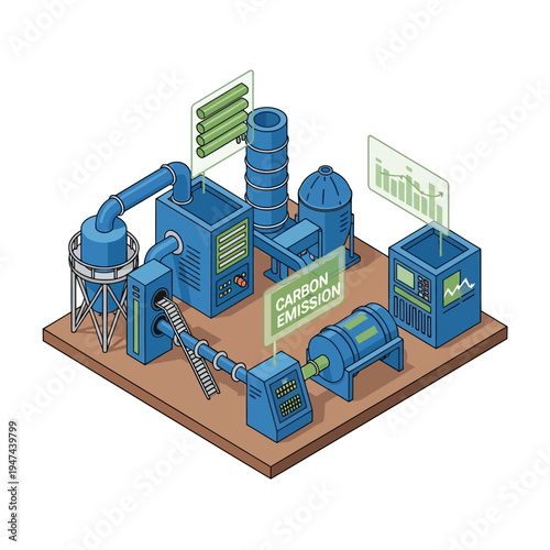 Isometric illustration of a futuristic industrial plant focused on carbon emission reduction and energy generation.