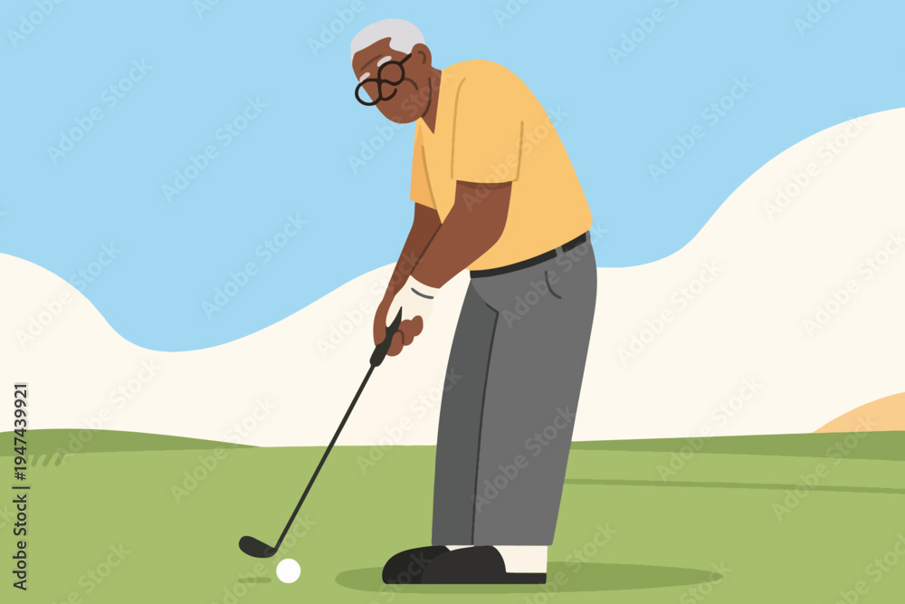 Fototapeta premium Elderly golfer in yellow shirt, gray pants and cap preparing to hit ball on grassy course with hills and clouds, stylized vector illustration of active senior lifestyle.