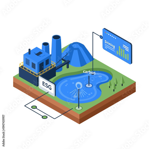 Isometric illustration of an industrial facility with a pond, representing environmental, social, and governance (ESG) principles and carbon emissions monitoring.