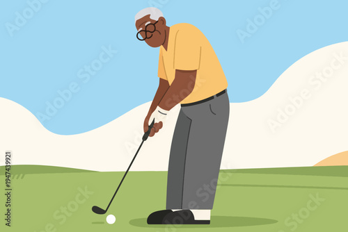Elderly golfer in yellow shirt, gray pants and cap preparing to hit ball on grassy course with hills and clouds, stylized vector illustration of active senior lifestyle.