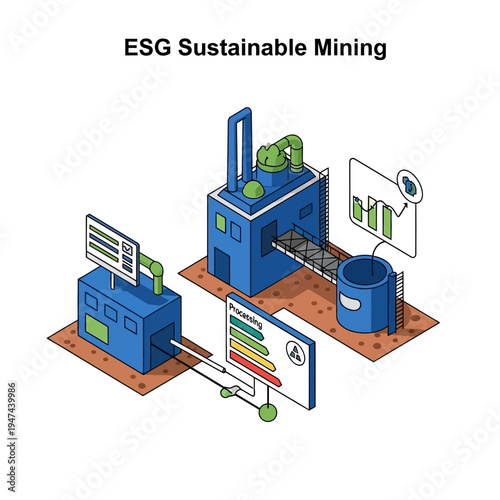 Illustration depicting ESG sustainable mining operations with advanced technology and environmental monitoring systems.