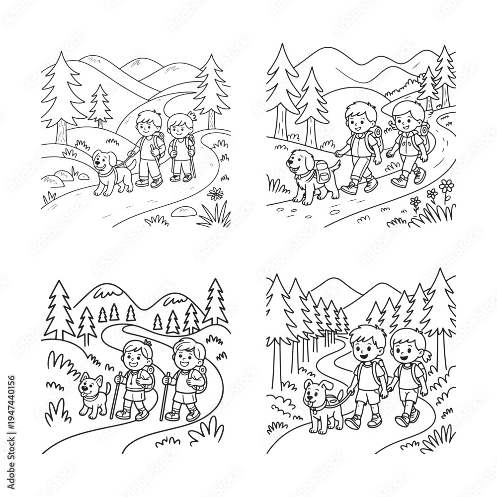 Naklejka premium Kids Hiking On Forest Trail With Emotional Support Dog Carrying Backpack Kids Coloring Book Simple Line Art Illustration