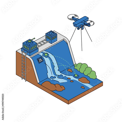 Drone surveying a dam and spillway, monitoring water flow and environmental conditions with advanced technology.