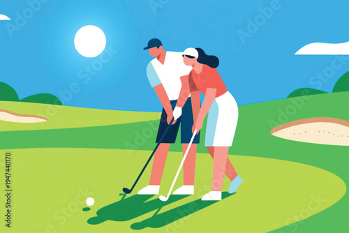 Two golfers preparing to putt on sunny course, one in blue cap and shirt, the other in red shirt and visor, focused on ball, stylized vector illustration.