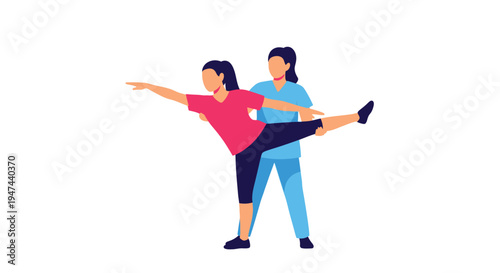 Physical therapist assisting a patient with an important balancing stretch exercise in a clinical setting