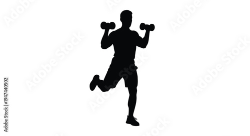Athletic male silhouette vector illustration demonstrating a powerful leg exercise with hand weights.