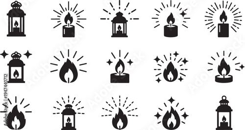Black and white icons of lanterns and flames burning