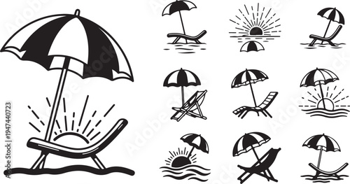 Beach umbrella and chair illustrations in black and white