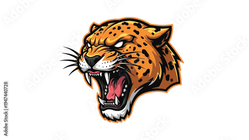 Aggressive Cartoon Leopard Head with Open Mouth.
