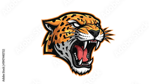 Aggressive Leopard Head Illustration with Open Mouth.