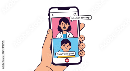 Telemedicine vector illustration graphic depicting a virtual medical consultation between a doctor and patient on a smartphone.