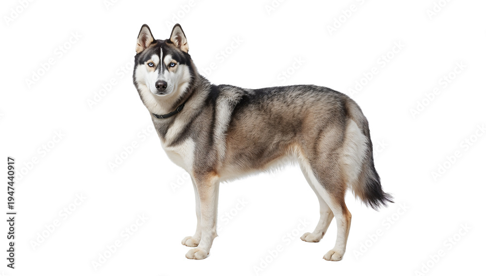 Fototapeta premium Full body portrait of a majestic Siberian Husky dog with striking blue eyes standing against a pure white background