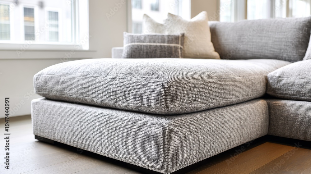 Fototapeta premium Large grey chenille floor pouf with plush seating