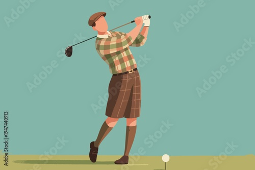 Vintage golfer in checkered shirt, knickerbockers and flat cap swinging club on course, stylized vector illustration of retro sportsmanship and classic golf attire.