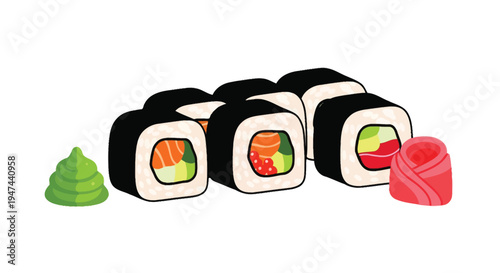 Vector graphic illustration of six maki sushi rolls served with bright green wasabi and pink pickled ginger