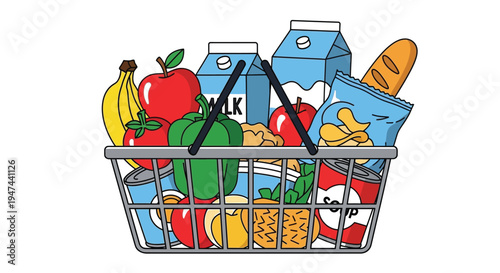 Colorful vector illustration of a full grocery shopping basket filled with various fresh food items and pantry staples