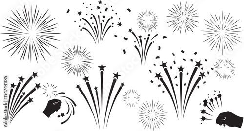 Fireworks Explosions in Black and White Colors Illustration Set