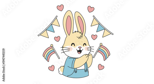 Cute Bunny Celebrating with Pride Flags and Festive Bunting.