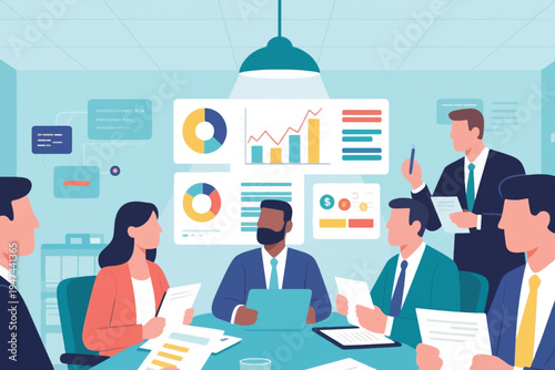 Seven business professionals in conference room reviewing documents and charts, one presenting data on board, stylized vector illustration of teamwork, analysis and strategy.
