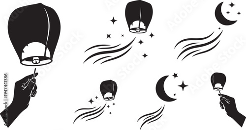 Black Silhouette of Hands Holding Lanterns at Night Sky