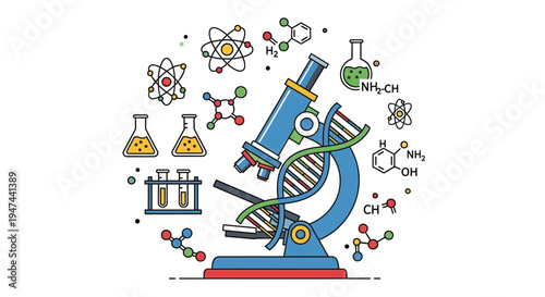 Colorful vector illustration of a scientific microscope surrounded by abstract chemical and biological molecules for research and discovery.